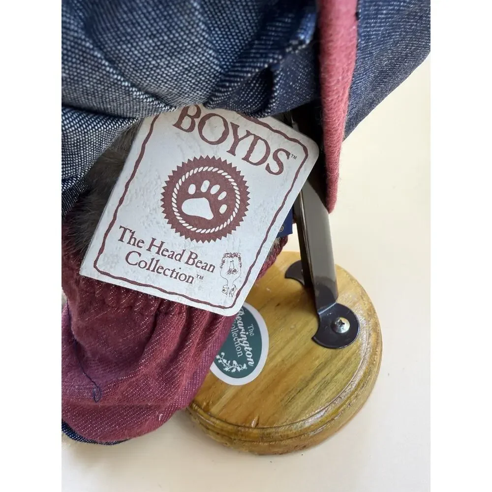 Boyds Bears Head Bean Collection Plush Bear Denim Dress Wood Stand 9” Display